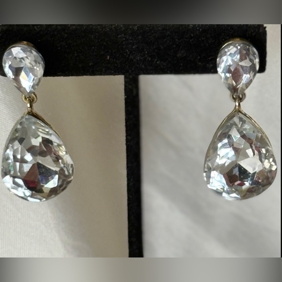 Formal Large Stone Double Teardrop Earrings Designer Inspired Dangles Gold Post - Picture 3 of 10